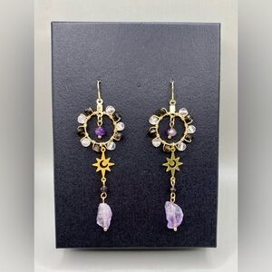 🌚💜Black Obsidian Amethyst Clear Quartz Starburst Moon Earrings